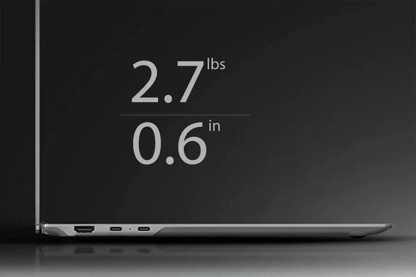 Side view of LG gram Pro laptop, with text reading: 2.7 lbs, 0.6 in