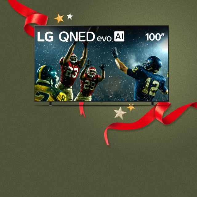 “It’s gift season” badge. Opened and unopened gift boxes appear in a cluster. Center box displays 100” QNED TV.