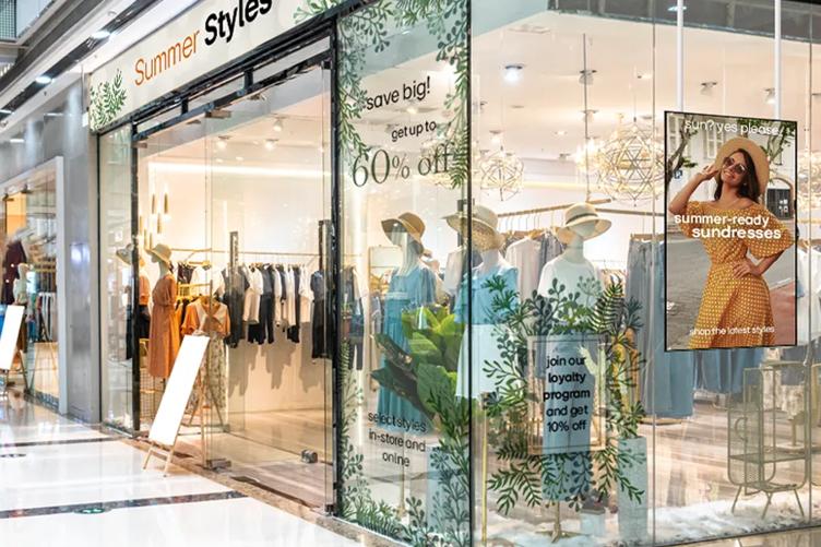 A chic clothing store inside of a shopping mall uses digital signage and transparent OLED to showcase sales and loyalty card benefits.