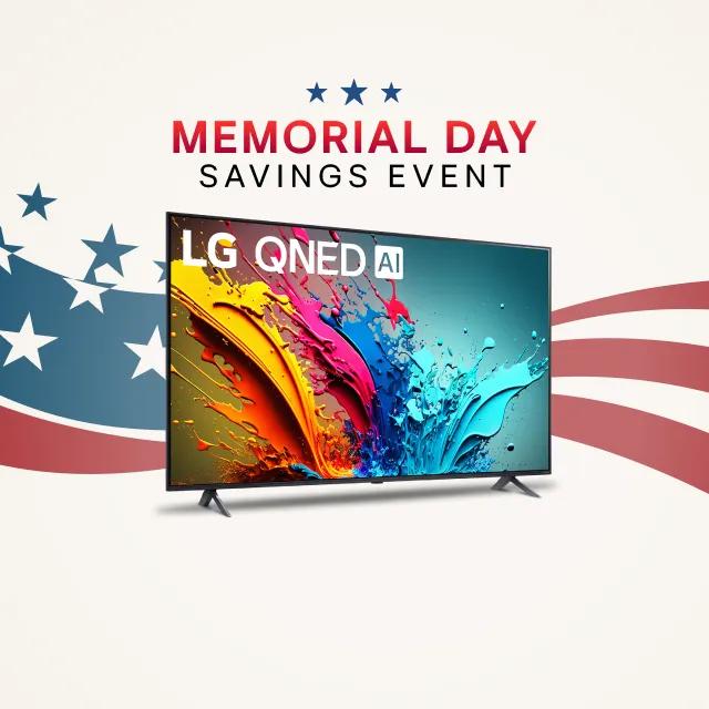 “Memorial Day Savings Event” title badge. An LG QNED appears in front of a stars and stripes graphic. The infill of the TV displays a badge reading “World’s No. 1 OLED TV for 12 Years”.