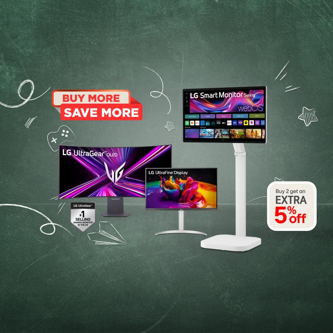 Back to School Buy More Save More promotion featuring LG UltraGear OLED monitor, LG UltraFine Display monitor, and LG Smart Monitor Swing with webOS on a chalkboard-styled background. LG UltraGear #1 Selling Gaming Monitor in the US badge visible. Buy 2 get an EXTRA 5% off.