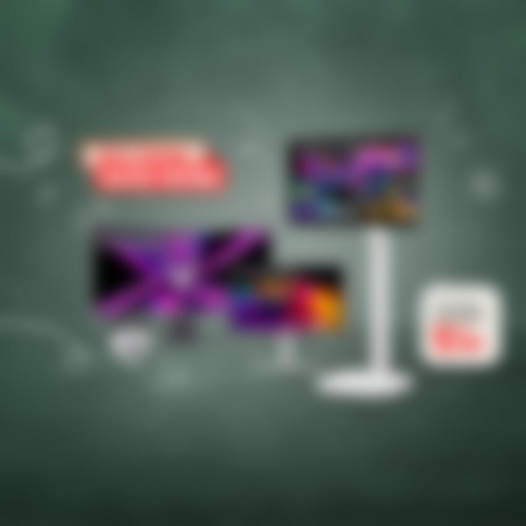 Back to School Buy More Save More promotion featuring LG UltraGear OLED monitor, LG UltraFine Display monitor, and LG Smart Monitor Swing with webOS on a chalkboard-styled background. LG UltraGear #1 Selling Gaming Monitor in the US badge visible. Buy 2 get an EXTRA 5% off.