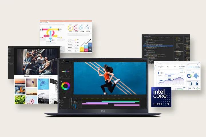A variety of digital software interfaces are displayed on an LG gram screen, including video editing, graphic design, data charts, and coding applications. An Intel Core Ultra i7 logo is visible.