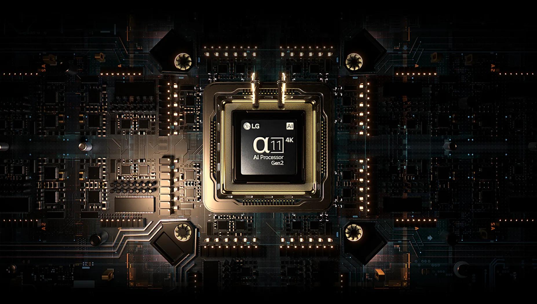 Close-up of an LG α11 AI Processor chip glowing at the center of a dark circuit board with detailed pathways and connectors.