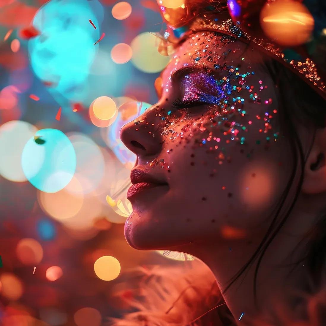 Close-up of a woman with glitter on her face, eyes closed amid glowing colorful lights.