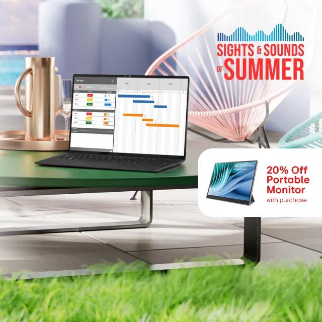“Sights and Sounds of Summer“ title badge. LG gram Pro laptop sits on a table poolside. Pop-out reading “20% off with portable monitor”. 
