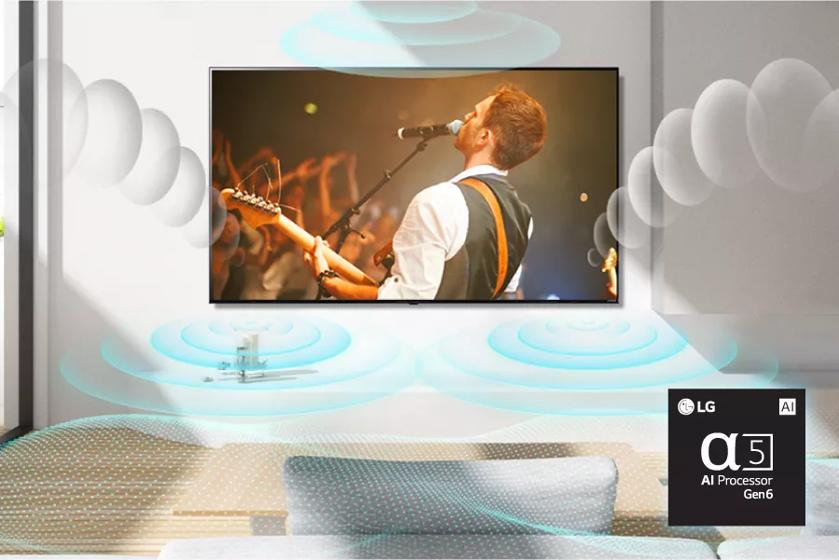 A singer on-screen with sound waves reverberating from the TV. Alpha5 AI Processor Gen6 chip.