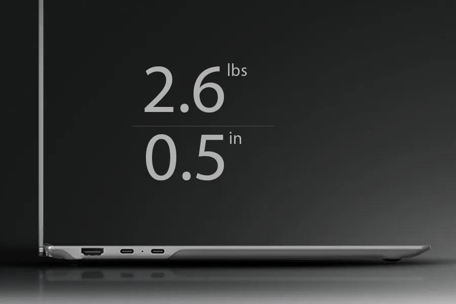 LG Gram 16Z95U-G.AU87U1 Laptop featuring incredibly light 2.6 lbs weight and ultra-thin 0.5 in profile - Side View