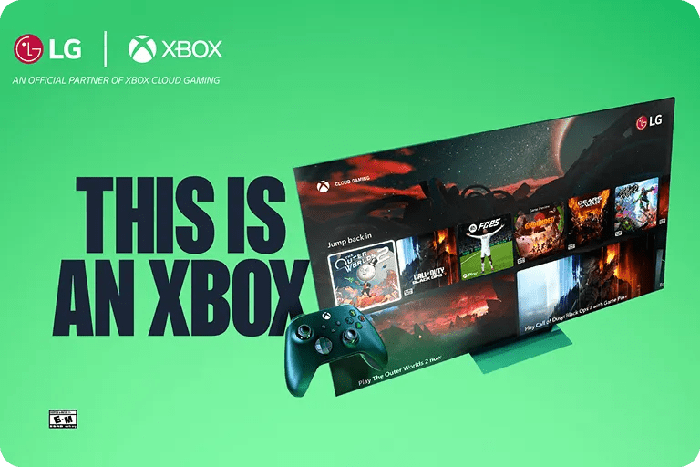 LG and Xbox co-branded image showing Xbox Cloud Gaming on LG Smart TV with controller and tagline 'This is an Xbox'.
