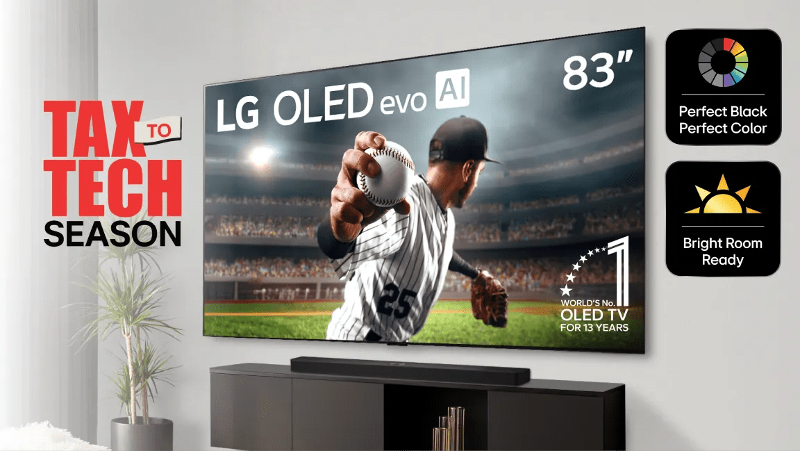 “Tax to Tech Season” title badge. A baseball scene plays out on an LG OLED TV in a stylish living room setting. 
