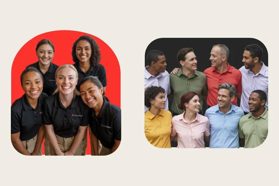 Two shapes framing smiling people