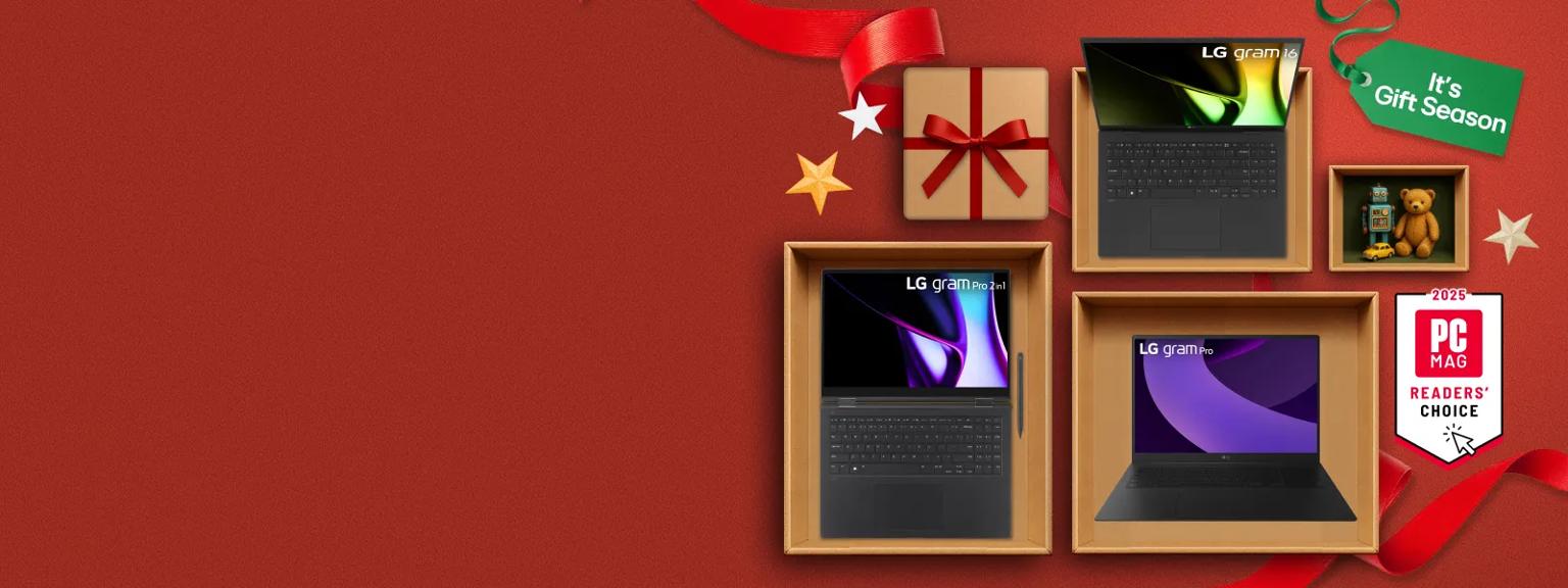 “It’s Gift Season” tag. Various LG laptops and holiday-themed items appear on a gift box collage layout. “2025 PC MAG Readers’ Choice” badge.