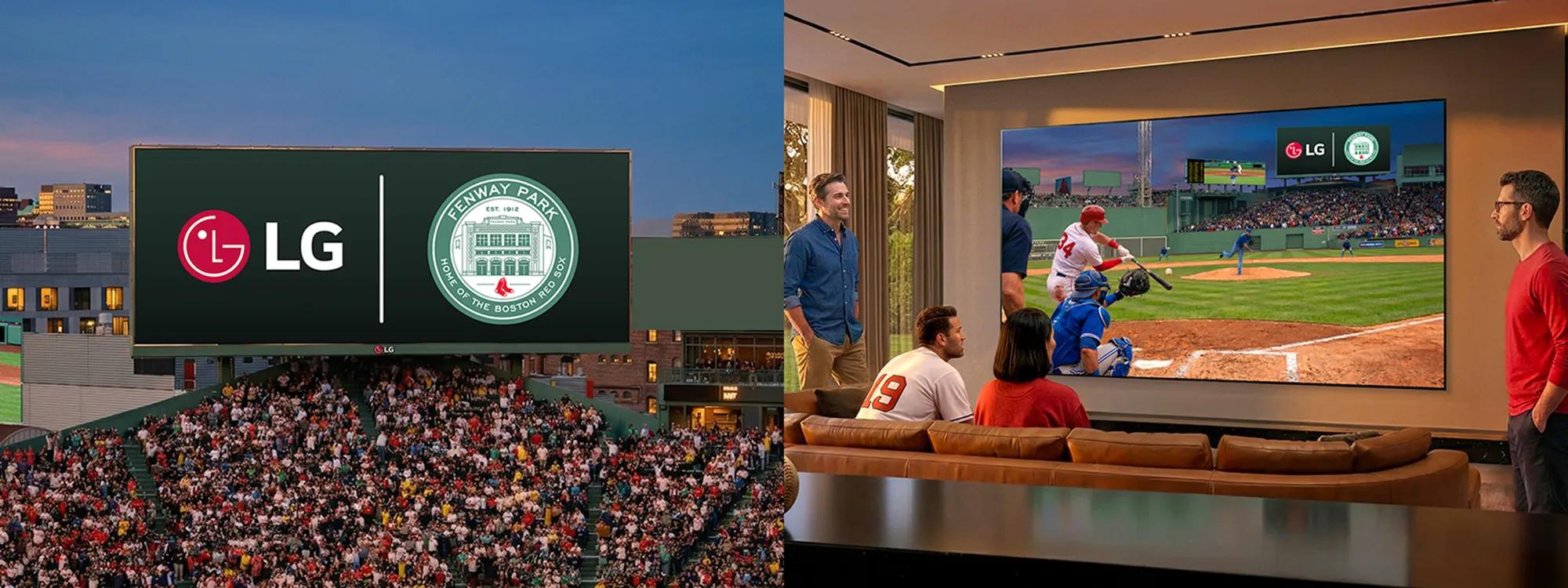 Split image shows LG on Fenway Park scoreboard above a packed crowd on the left, and friends watching a baseball game on an LG XXL TV at home on the right.