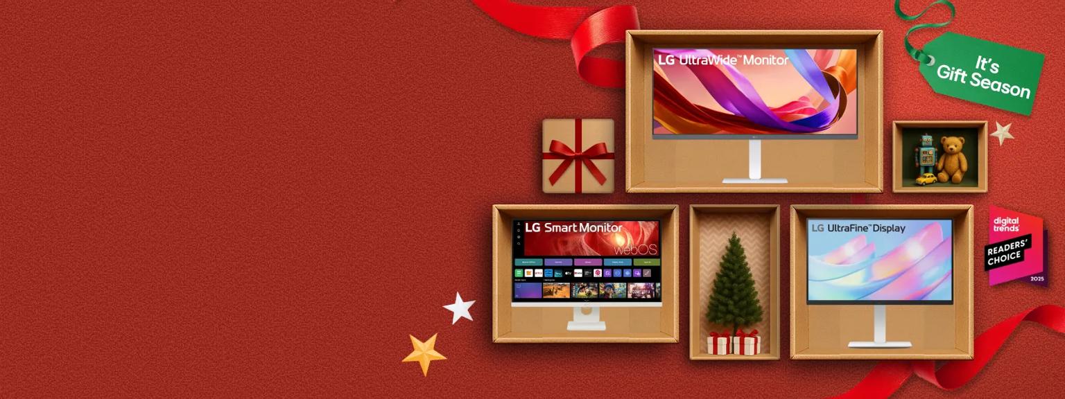 “It’s Gift Season” tag. Various LG electronics and holiday-themed items appear on a gift box collage layout. “Digital Trends Readers’ Choice Best Monitor Brand 2025” badge.