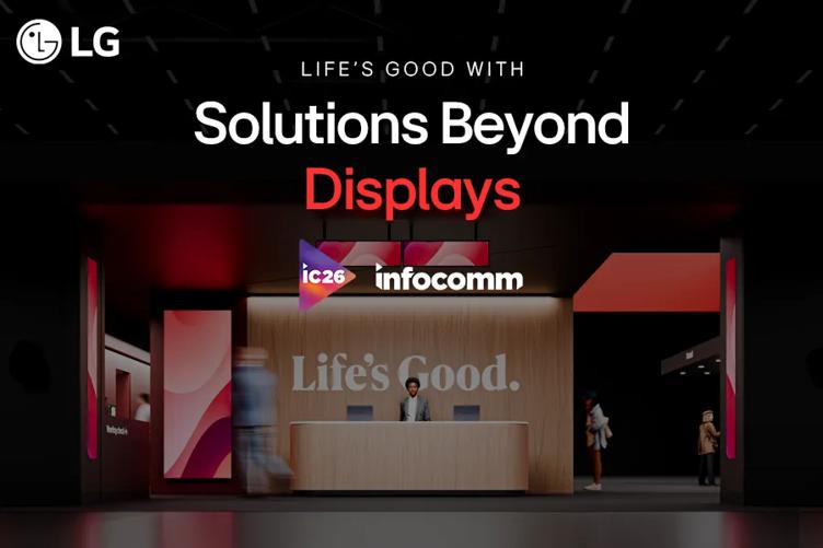 LG booth render for Infocomm 2026, with overlaid text reading: Life's Good with solutions beyond displays. 