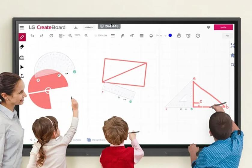 School children interacting with LG CreateBoard, using the touch screen to solve math problems.