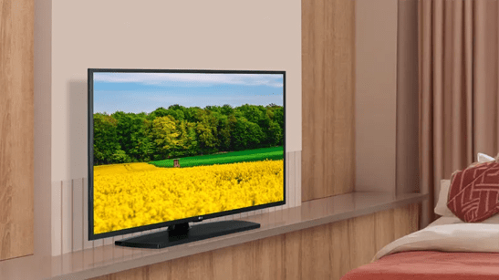 Flat-screen TV on a wooden cabinet showing a landscape with yellow flowers and green trees.