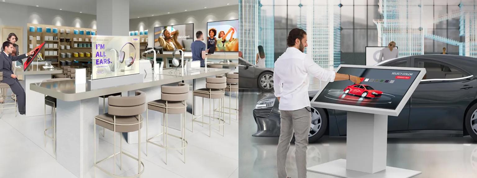 Split image of a modern electronics store and an auto showroom with interactive digital displays.