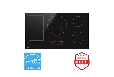 A top-down image of an LG CBIH3617BE induction cooktop next to a red 'Brought to you by American's Most Reliable Line of Appliances' badge and a blue 'ENERGY STAR® certified' badge.