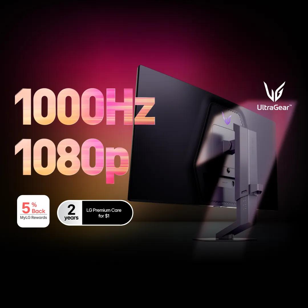 LG UltraGear gaming monitor shown from the rear at an angle with purple accent lighting, featuring embedded text: 1000Hz 1080p, with 5% Back MyLG Rewards badge and 2 years LG Premium Care for $1 badge.