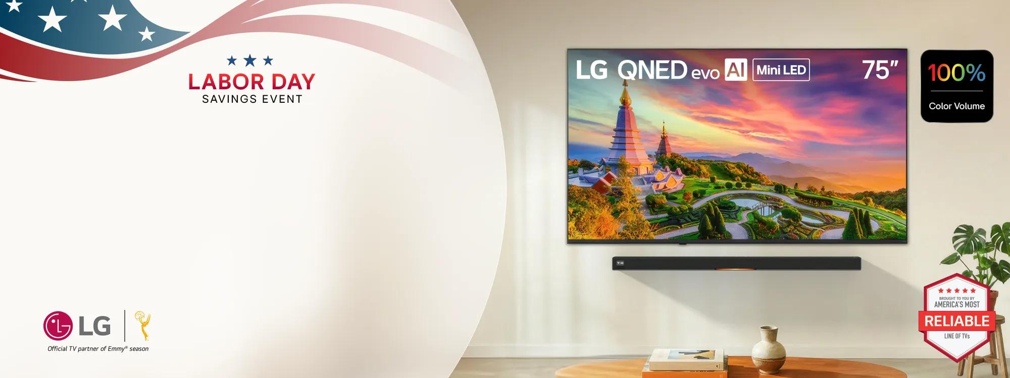 LG QNED evo AI Mini LED 75-Inch TV wall-mounted above an LG Soundbar in a living room setting, featuring Labor Day Savings Event promotional banner with American flag ribbon graphic, 100% Color Volume badge, brought to you by America's Most Reliable Line of TVs badge, and LG Official TV partner of Emmy® season logo.