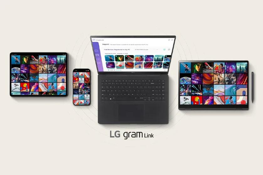 A laptop surrounded by two tablets and a smartphone, all displaying colorful image grids, with "LG gram Link" text beneath.