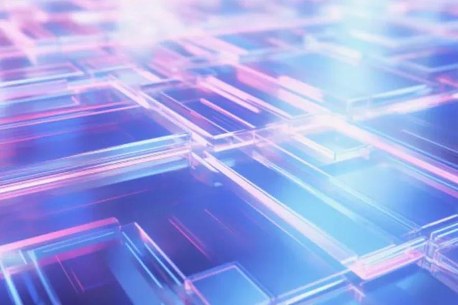 Abstract image of overlapping transparent rectangles in pink, blue, and purple hues, creating a layered, luminous effect.