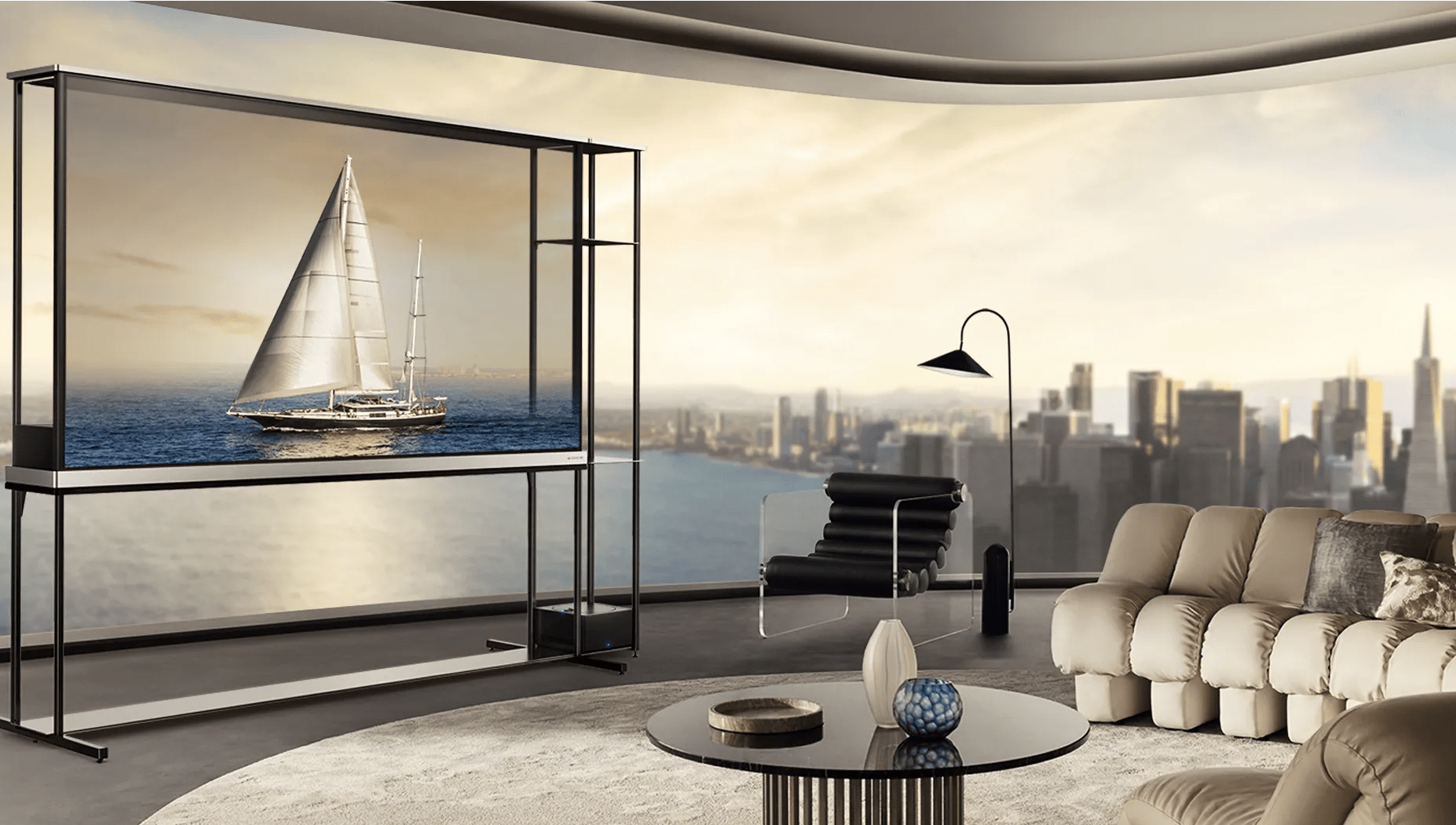 Luxury living room with panoramic city skyline and a transparent LG TV on stand displaying sailboat gliding on ocean at sunset.