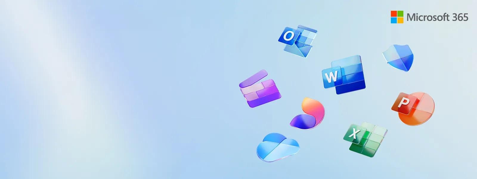 Floating Microsoft 365 app icons for Word, Excel, PowerPoint, Outlook and more on a blue background.
