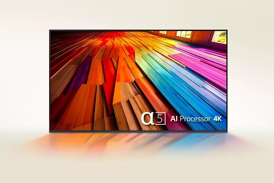 The LG UT8000 screen, featuring a rainbow of colors in 4K resolution with the AI Processor 4K logo.