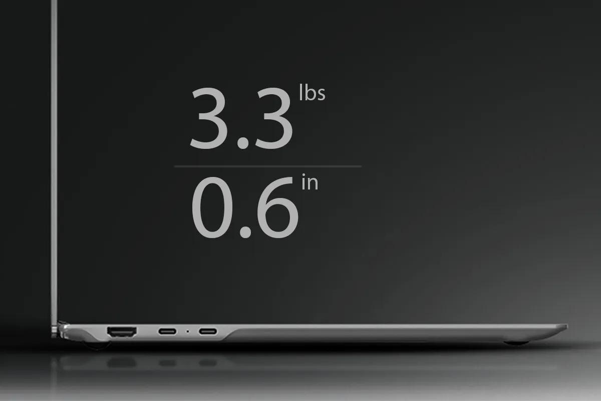 LG Gram 17Z90U-H laptop featuring ultra-lightweight design at 3.3 lbs and slim 0.6 in profile with visible ports - Side View