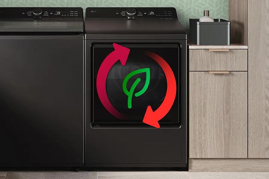 LG DLHC8402B Dryer with energy-efficient feature shown by circular arrows and leaf icon on drum door