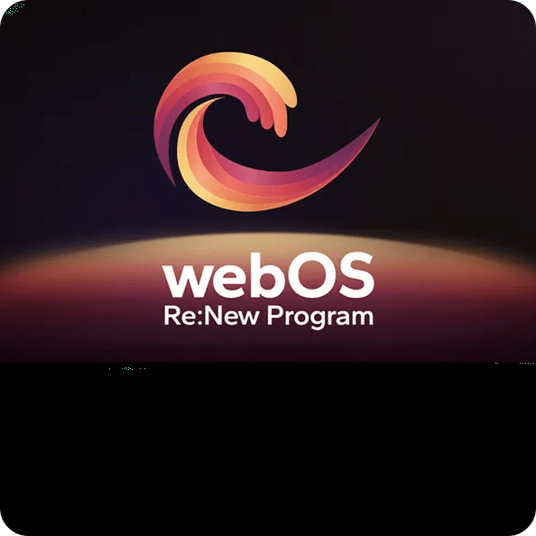 Abstract gradient swirl logo above “webOS Re:New Program” text on a dark background with a soft glowing horizon.