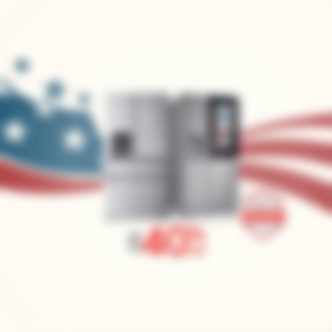 Two LG refrigerators displayed against a patriotic flag graphic, up to 40% off, with Brought to You by America's Most Reliable Line of Appliances badge.