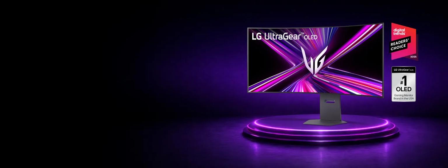 UltraGear Monitor on a futuristic background. “Digital Trends Readers’ Choice 2025” and “LG UltraGear OLED: #1 OLED Gaming Monitor Brand in the USA” badges.