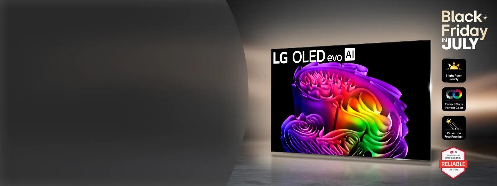 LG OLED evo AI TV displaying vibrant colorful abstract floral artwork, with Black Friday in July promotional text, feature icons for Bright Room Ready, Perfect Black Perfect Color, and Reflection Free Premium, and LG America's Most Reliable Line of TVs badge.
