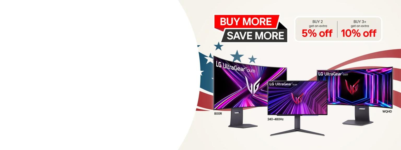“Buy More, Save More” title badge. A group of LG UltraGear monitors appear before a stars and stripes background graphic. 