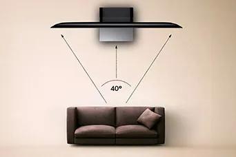 LG TV size recommendation illustrates a 40-degree field of view in front of a sofa, showing the recommended viewing angle between the screen and seating area.