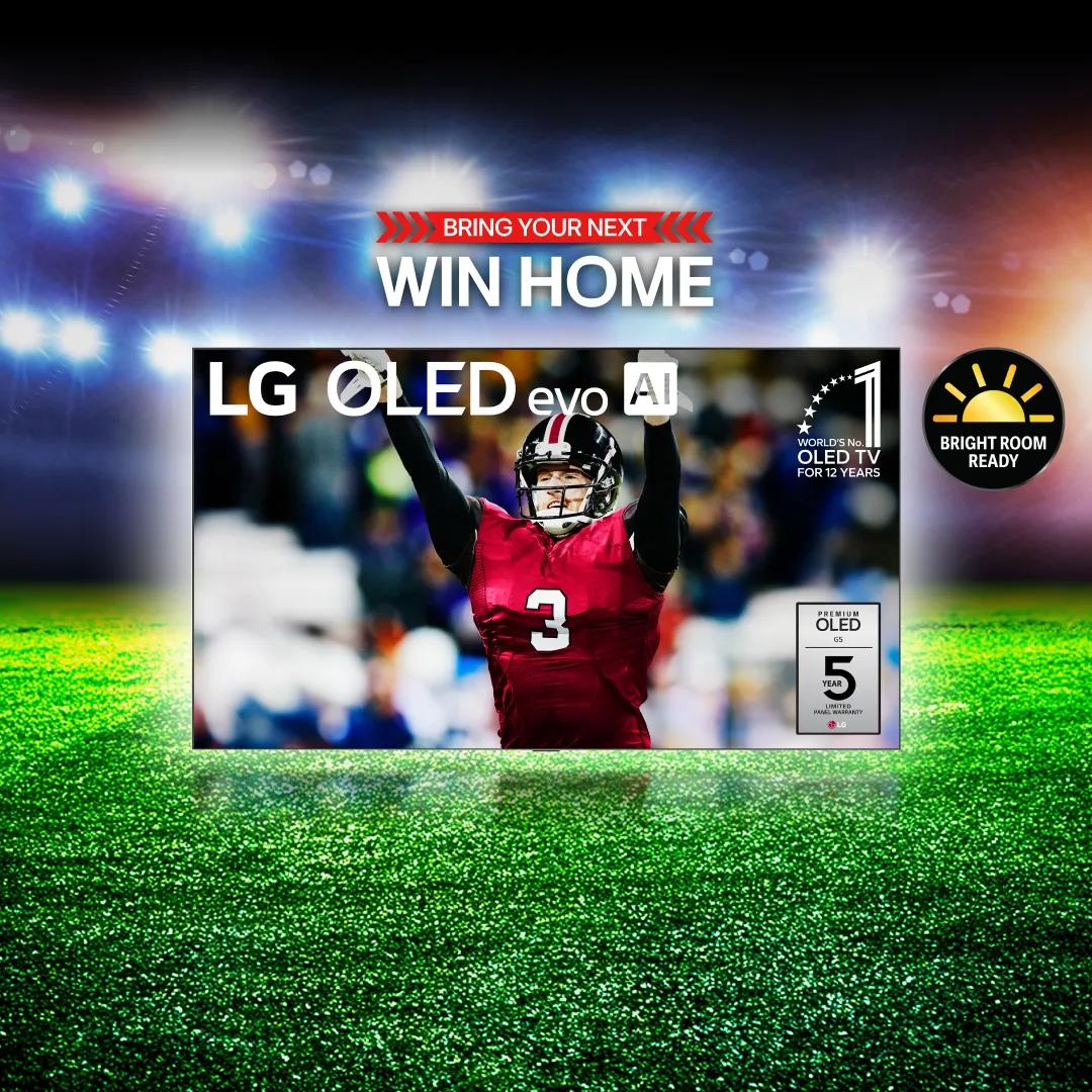 “Bring your next win home” title badge. An LG OLED TV on a football field backdrop. “Bright Room Ready” badge. A cheering player and “World’s No. 1 OLED TV for 12 years” text appear on TV infill.