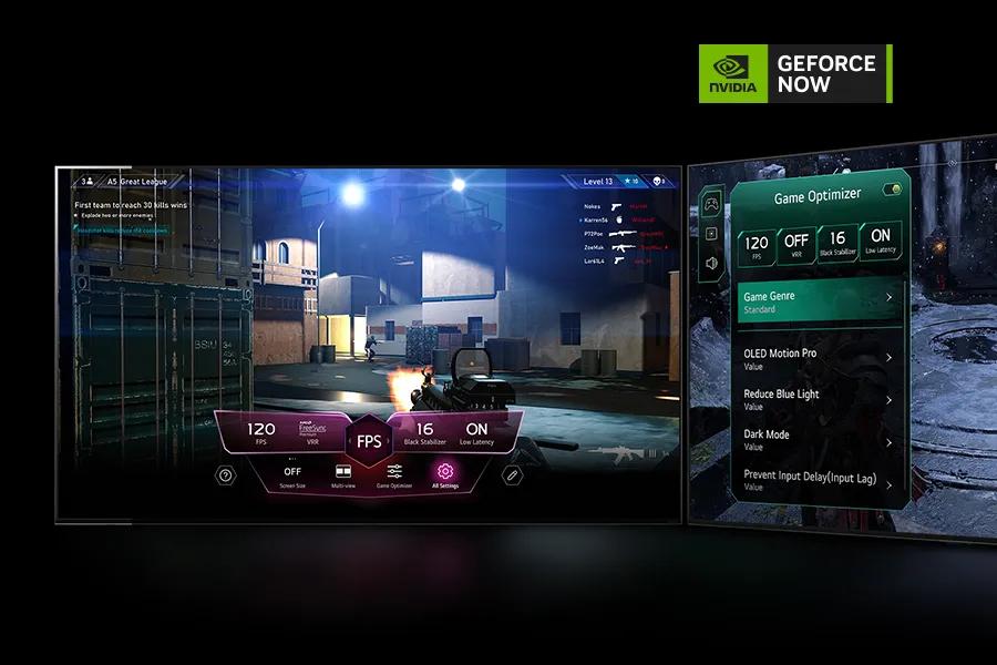 Still of a first-person shooter game with the LG Game Optimizer interface pulled up to the side and GeForce Now logo. 