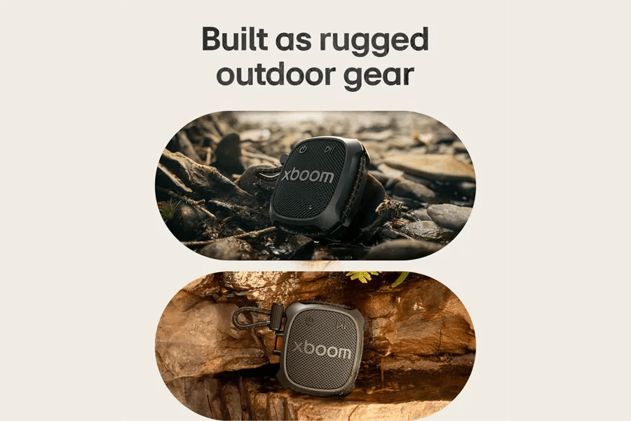ROCK_CNOALRE LG xboom portable speakers built as rugged outdoor gear shown on rocky terrain and wooden surfaces