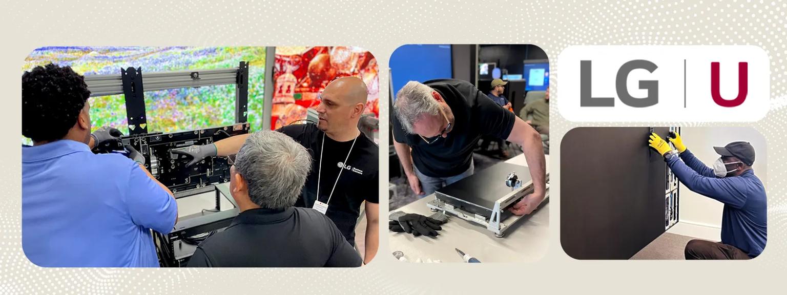Photo tiles on a warm beige background showcase LG U attendees learning about LG DVLED and other LG technology