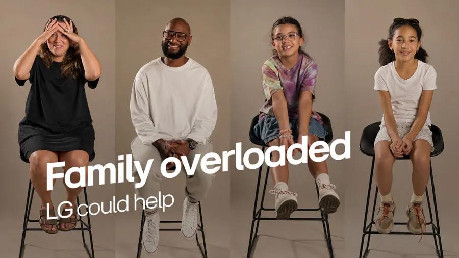 Four people seated on stools in a split panel portrait, with text reading Family overloaded LG could help