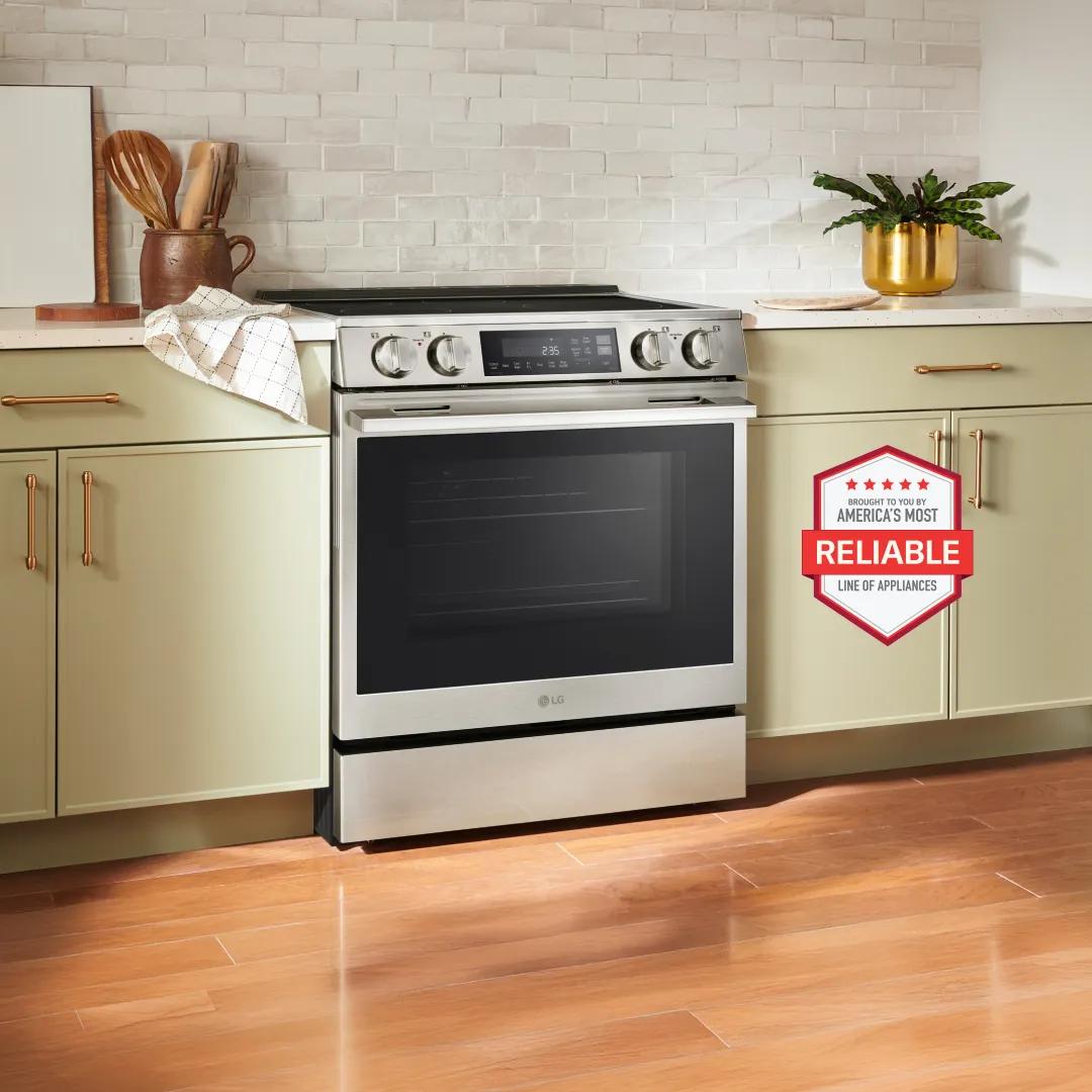An LG Induction Range appears in a bright kitchen setting.