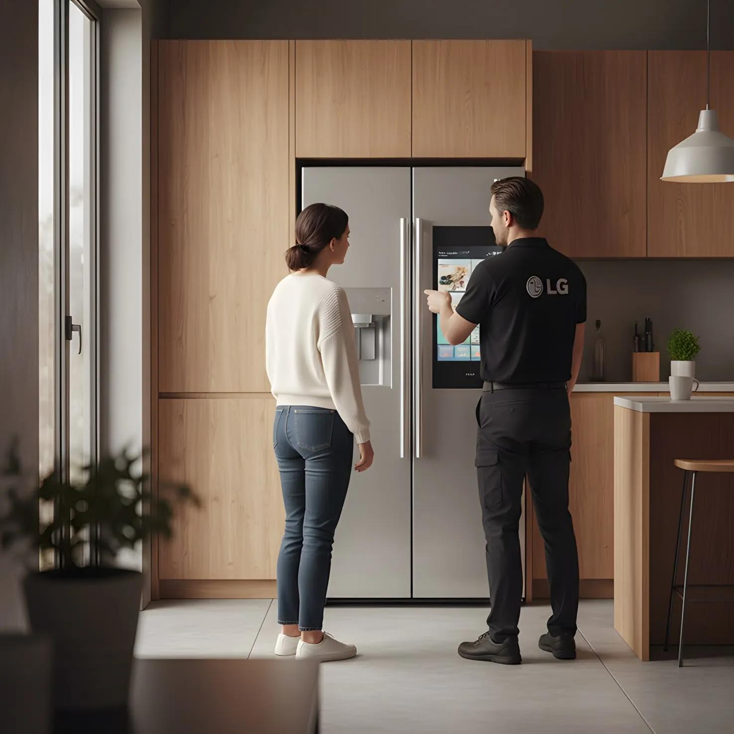 An LG technician demonstrating the digital touch screen on a LG smart refrigerator to a woman in a modern kitchen.