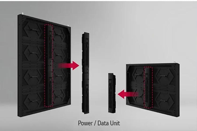 Black electronic panels with a detachable vertical power/data unit, indicated by red arrows and outlines.