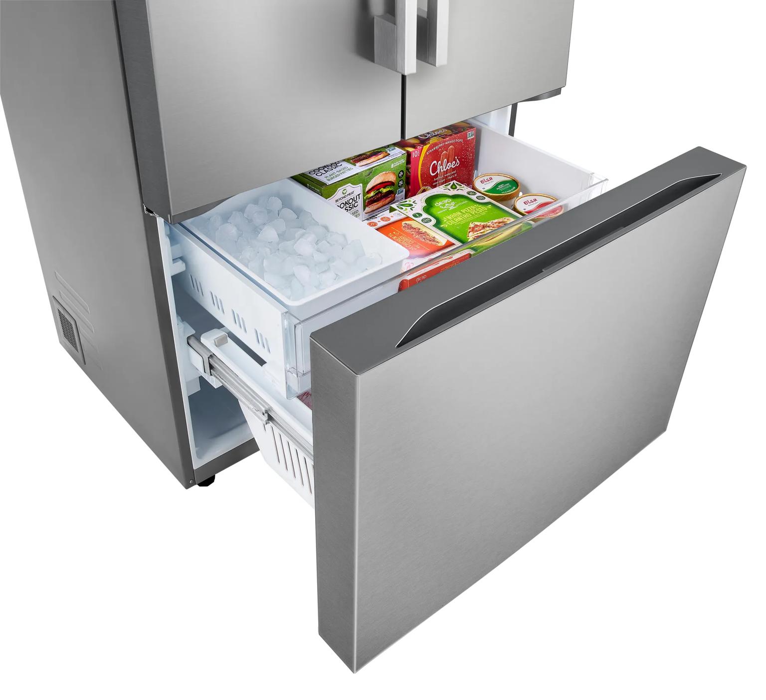 LG LRFLC2726S French Door Refrigerator with pull-out freezer drawer showing ice maker bin and frozen food storage