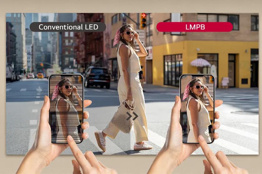 Two smartphones show a woman crossing a street. The left phone has a blurred image labeled "Conventional LED," and the right phone has a clear image labeled "LMPB."