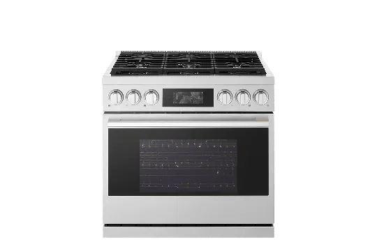 LG SIGNATURE LPGU6319Y gas range with six burners and stainless steel finish against white background