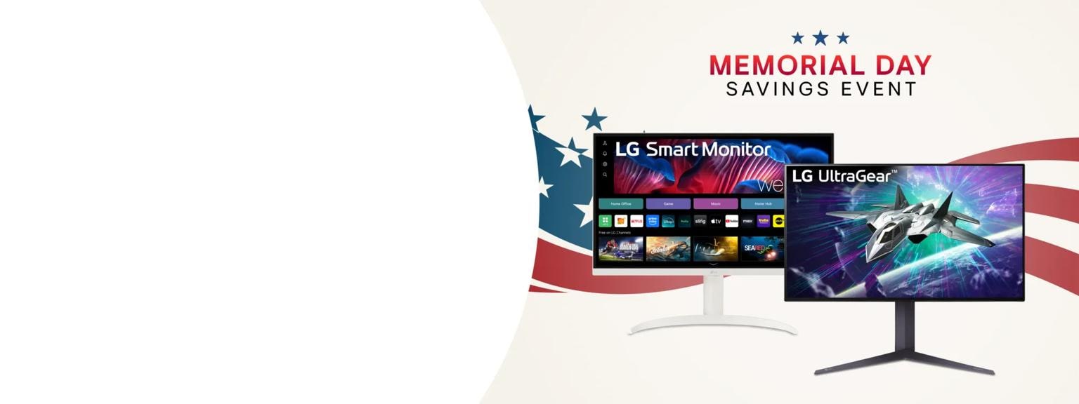 2 monitors appear above a stars and stripes graphic. A “memorial savings event” badge appears above.